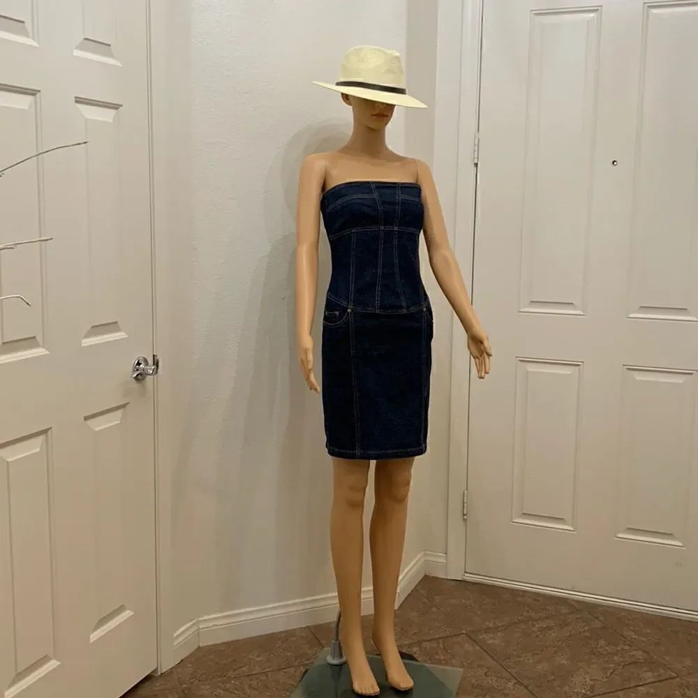 Premise Denim Blue Gold Strapless Pockets Zippered Back Woman’s Dress